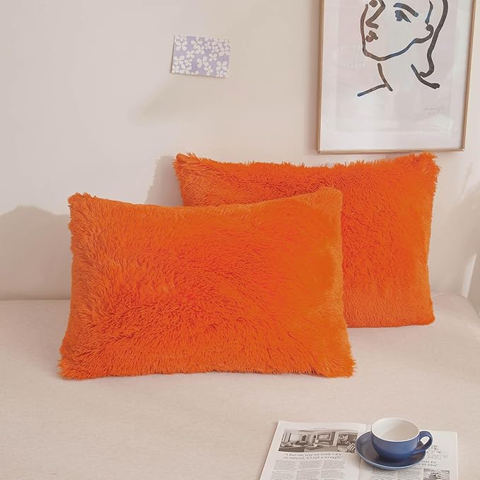 XeGe Faux Fur Fluffy Pillow Cases, Soft Plush Shaggy Furry Orange Pillowcases by XeGe
