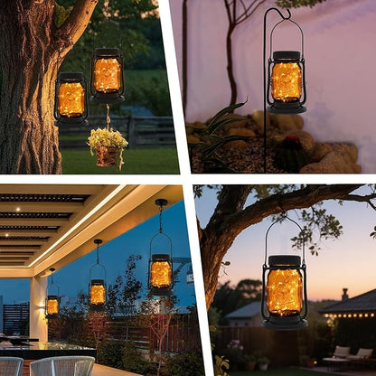 Mason Jar Lights - Solar Lantern Outdoor Waterproof, Hanging Solar Lights for Outside, Halloween, Fairy Twinkle Glass Decorative Lamp for Yard, Patio, Garden, Porch, Table, Wedding, Pack 2 (2 Pack)