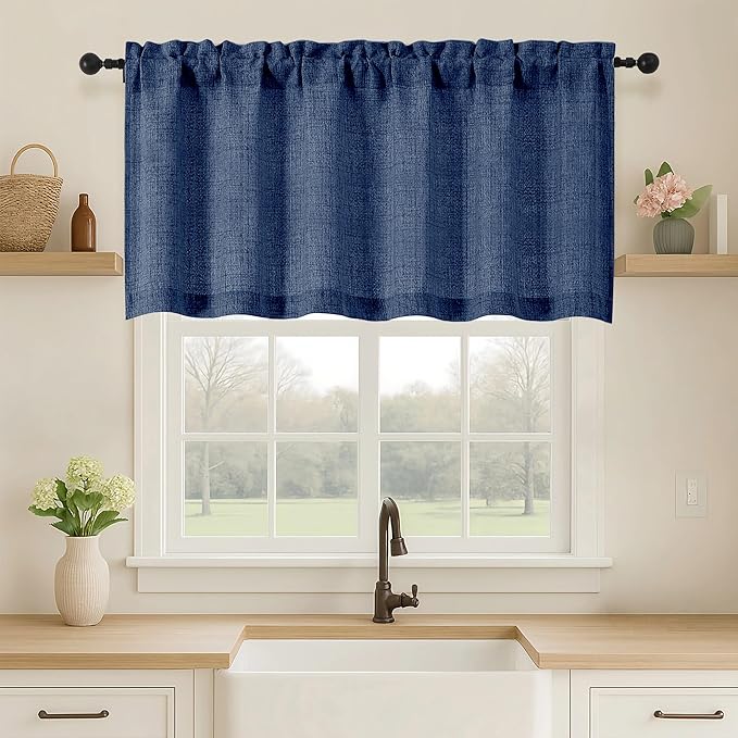OVZME Navy Blue Valance for Windows, Light Filtering Faux Linen Textured Small by OVZME