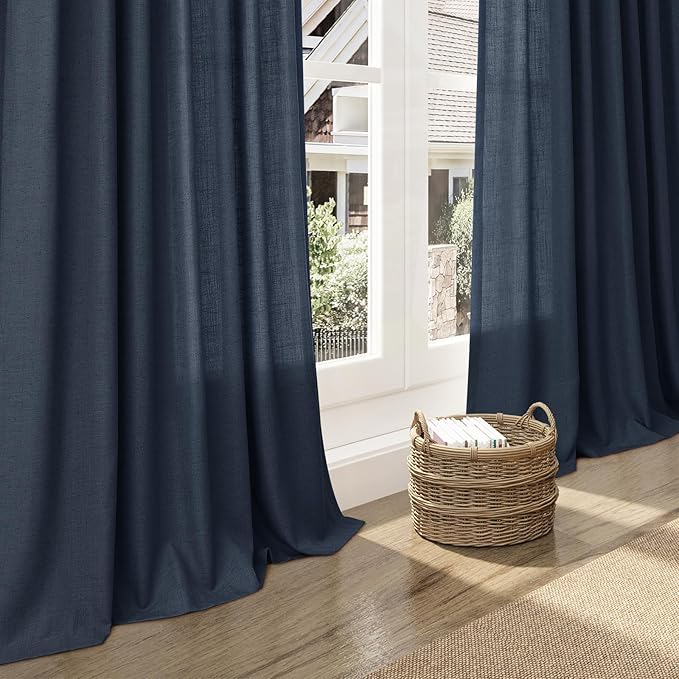 Vintage Blue Linen Curtains 90 Inch Long 2 Panels Set - Image 6