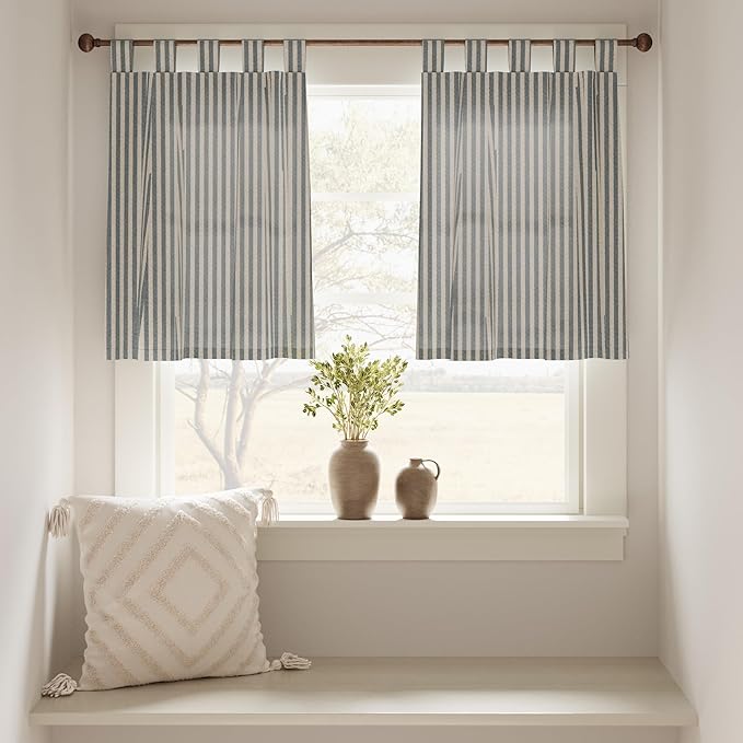 jinchan Tab Top Linen Kitchen Curtains 24 Inches Striped Tier Curtains - Image 3
