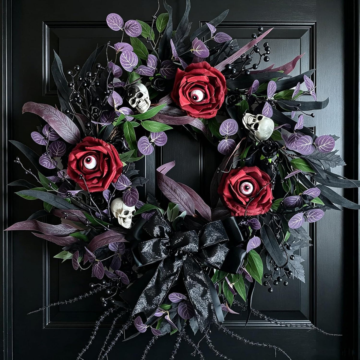 22 Inch Halloween Wreath with Black Roses Skeleton and Eye Balls for Front Door, Gothic Halloween Floral Wreath with Black Bow for Indoor Outdoor