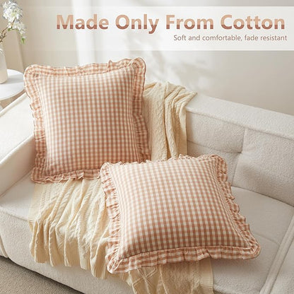KKJIAF Ruffle Plaid Euro Sham Pillow Covers 20 x 20 Inches, Cotton Gingham - Image 3