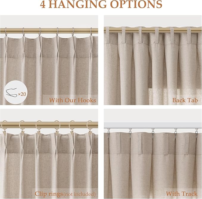 Light Tan Pinch Pleat Linen Curtains 96 Inch Length 2 Panels Set - Image 2
