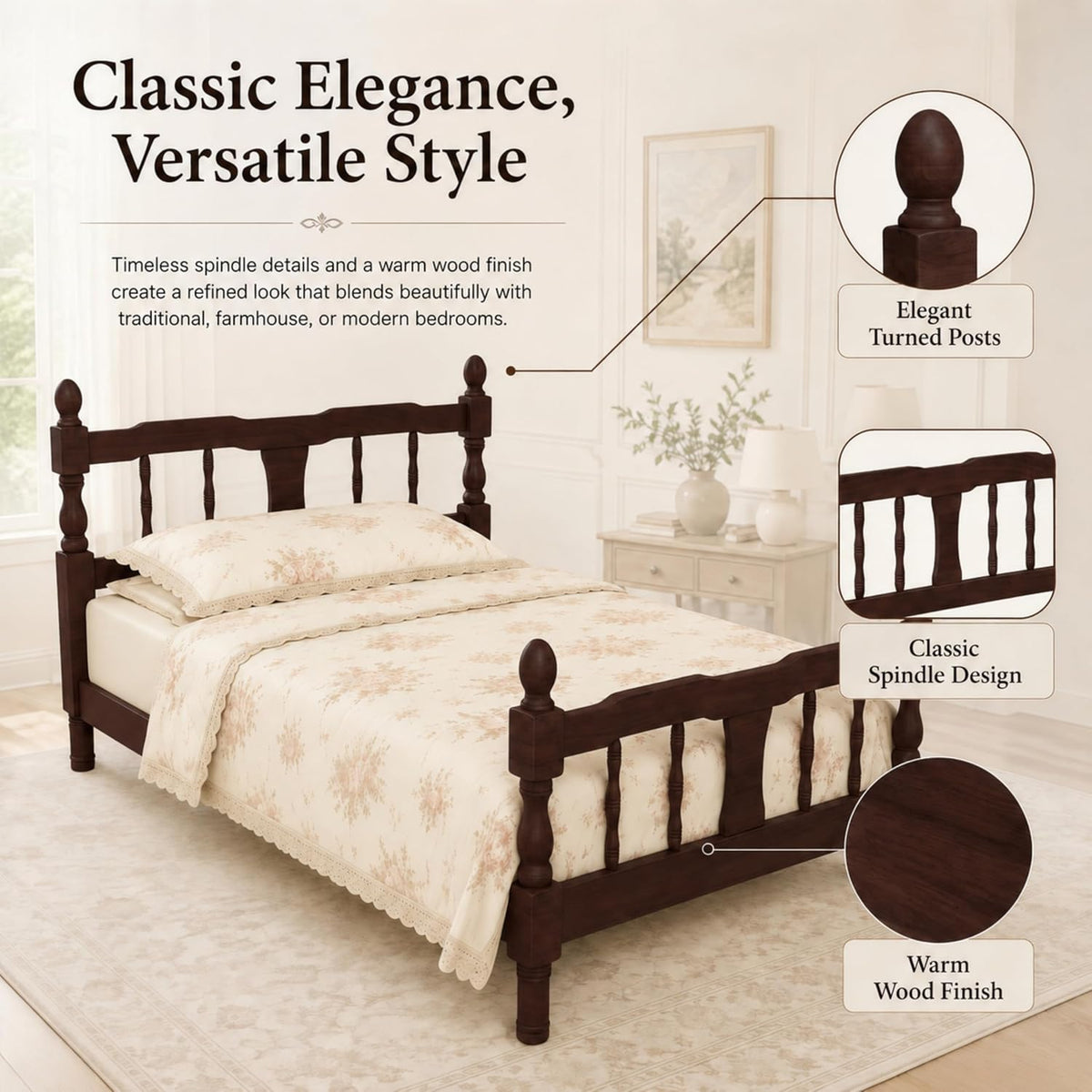 bellemave twin vintage wood spindle post bed,wooden platform, view 9