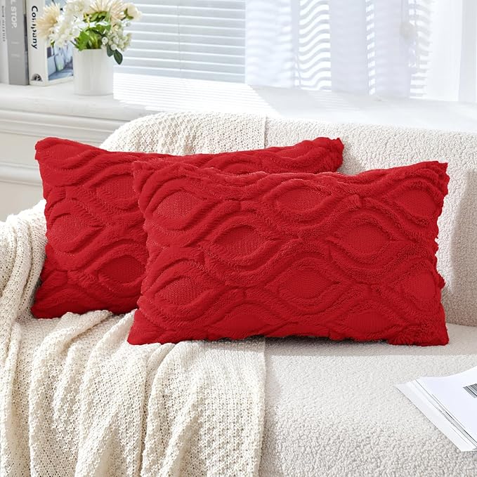 MIULEE Christmas Red Throw Pillow Covers 12x20 Inch, Soft Winter Plush Faux by MIULEE