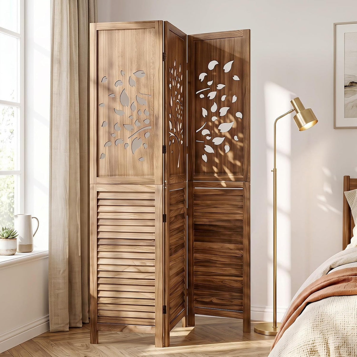 giantex 3 panel folding room divider with tree shown in use