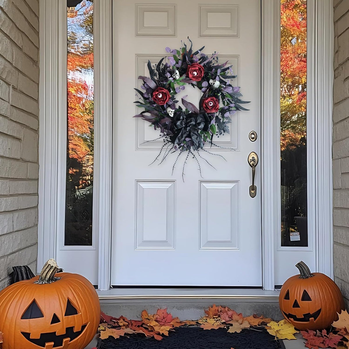 22 Inch Halloween Wreath with Black Roses Skeleton and Eye Balls for Front Door, Gothic Halloween Floral Wreath with Black Bow for Indoor Outdoor