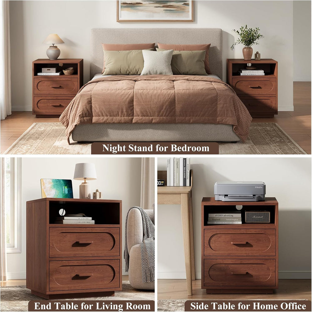 YANSNWO 25.8" Tall 2-Drawer Nightstand with Charging Station, Walnut