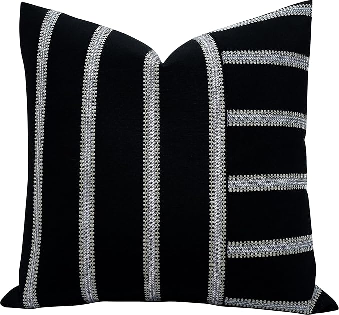 Slow Cow Linen Black and Off White Patchwork Stripe Throw Pillow Cover Cushion by SLOW+COW