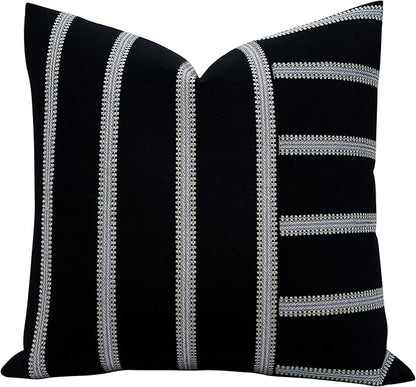 Slow Cow Linen Black and Off White Patchwork Stripe Throw Pillow Cover Cushion by SLOW+COW