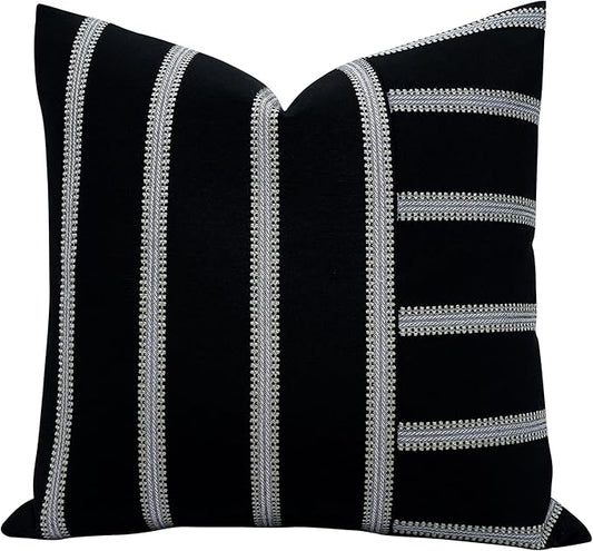 Slow Cow Linen Black and Off White Patchwork Stripe Throw Pillow Cover Cushion by SLOW+COW