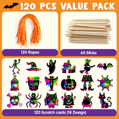 JOYIN 120 Pcs Halloween Rainbow Scratch Art Crafts for Kid, Halloween Party Favors, Scratch Off Paper with 18 Designs for Party Supplies, Classroom Activities Game Goodies Gifts