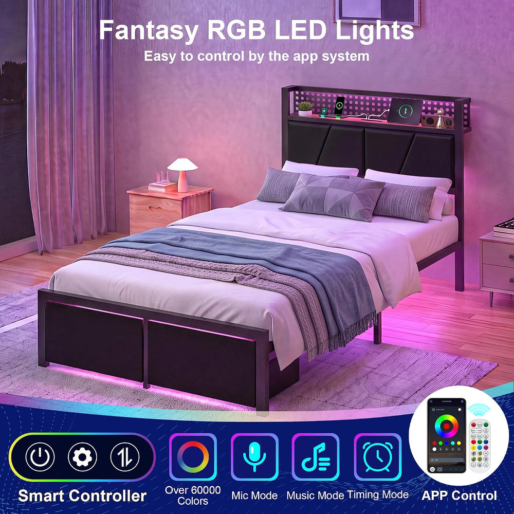 Twin Bed Frames with 2 Drawers, Platform Bed with LED Lights & Charging S...