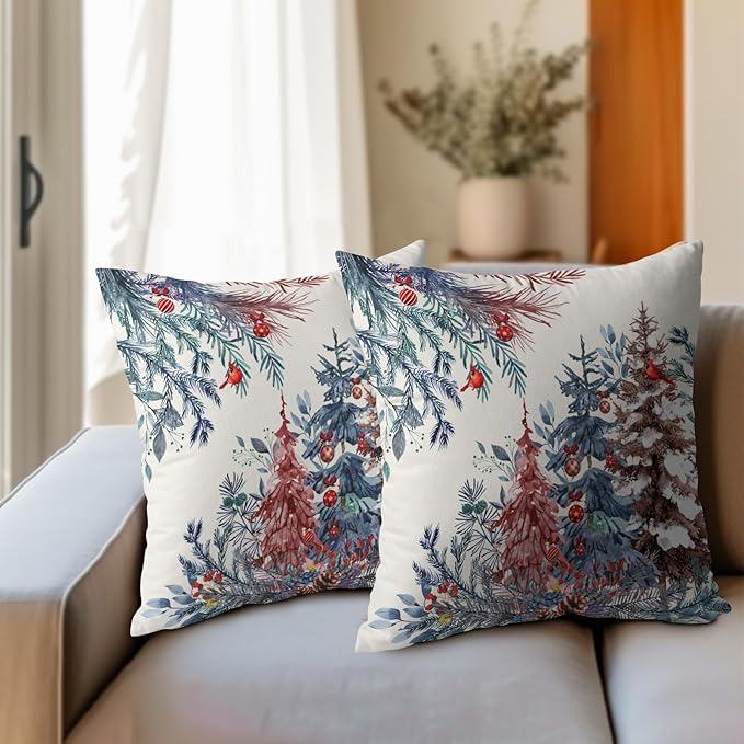 Christmas Tree Throw Pillow Covers 22x22 Inch Set of 2 Winter Watercolor Pine - Image 6