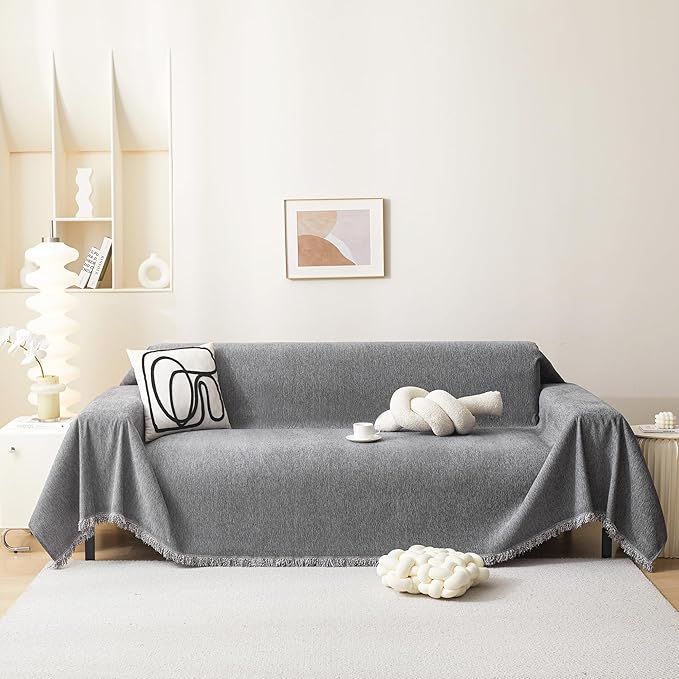 MEETSKY Grey Sofa Cover for Dogs Cats Tassel Edge Couch Cover Furniture - Image 2