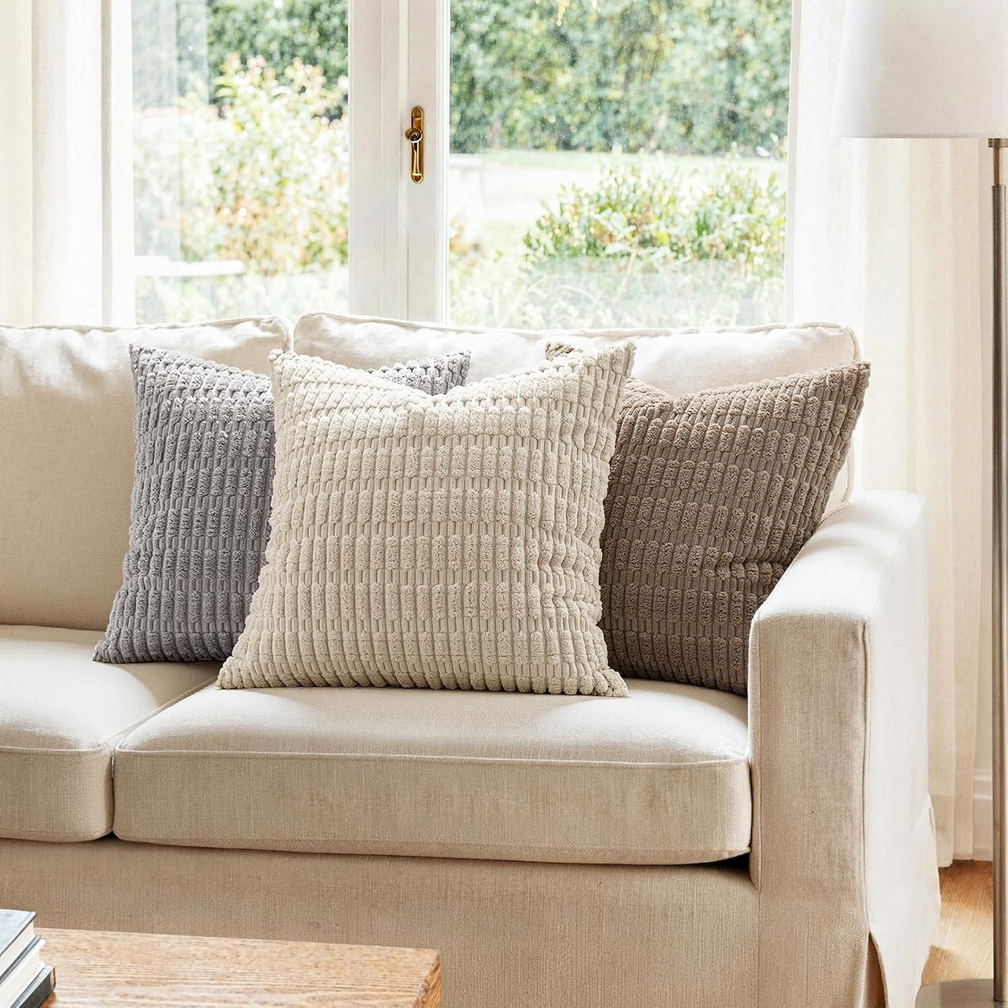 MIULEE Pack of 2 Corduroy Decorative Throw Pillow Covers 18x18 Inch Soft Boho Striped Pillow Covers Modern Farmhouse Home Decor for Sofa Living Room Couch Bed Cream White