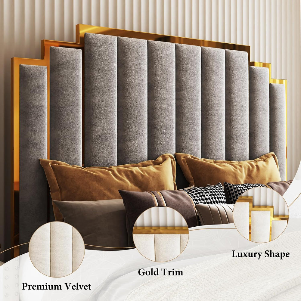AMERLIFE King Size Velvet Upholstered Bed with Gold Trim Headboard, Grey