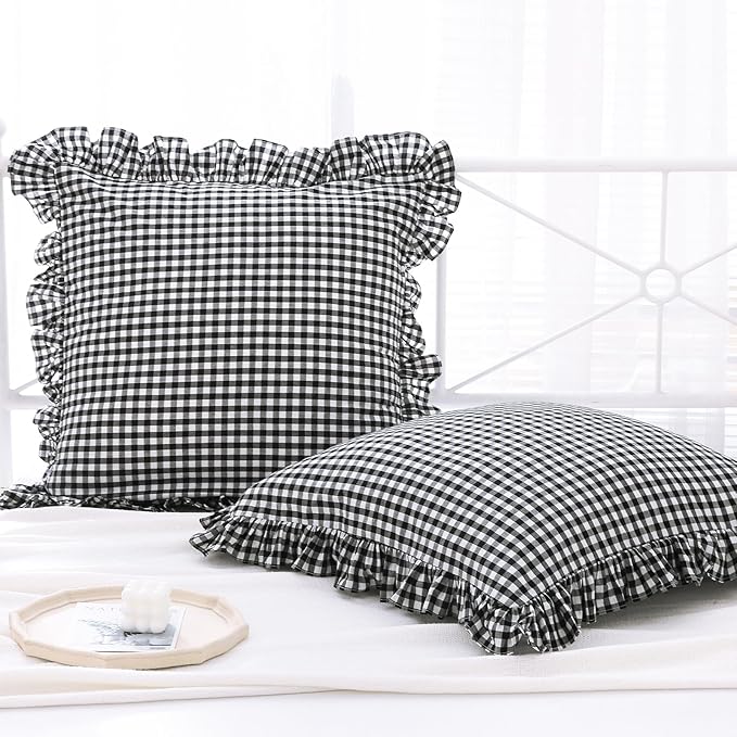 2 Pack Black White Gingham Ruffle Large Square Euro Throw Pillow Covers by KMASANIJI