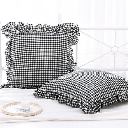 2 Pack Black and White Plaid Gingham Ruffle Euro Shams Pillow Covers, 100% by KMASANIJI