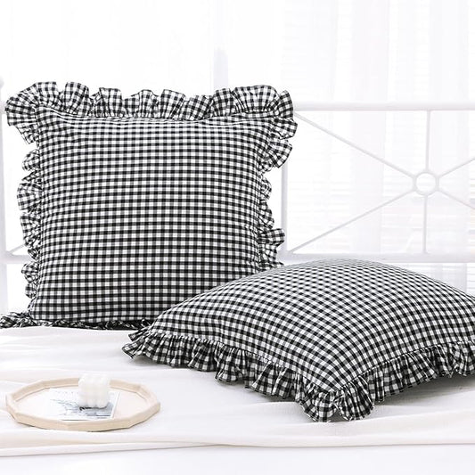 2 Pack Black and White Plaid Gingham Ruffle Euro Shams Pillow Covers, 100% by KMASANIJI