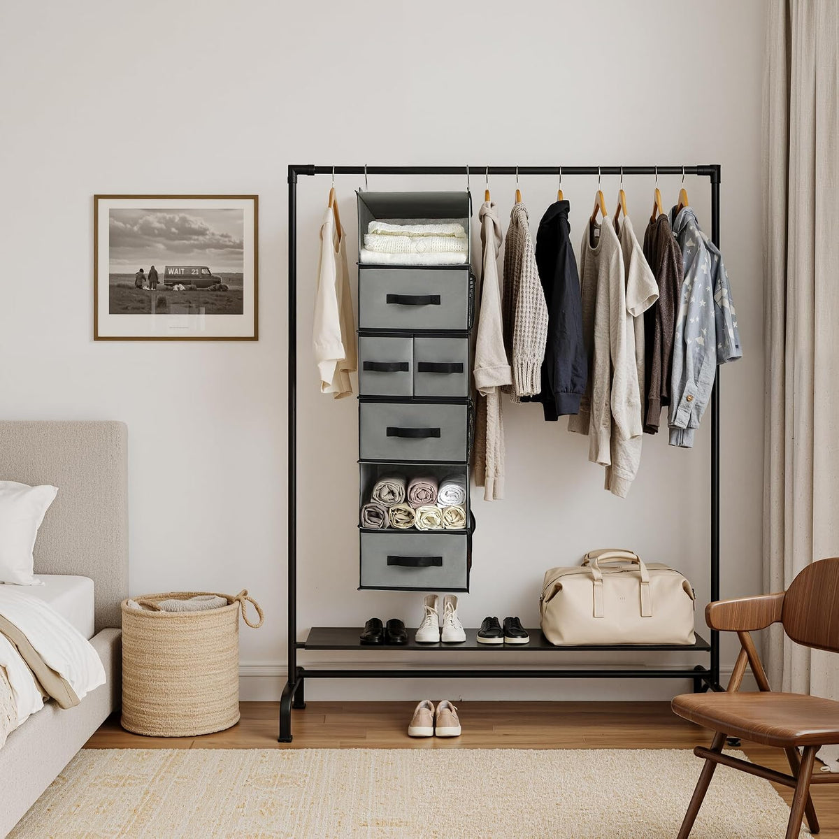 granny says hanging closet organizer, 5 drawers, 6 shown in use