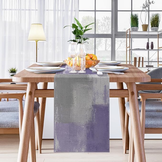 Emvency Farmhouse Table Runner, Vintage Purple Grey Abstract Art Painting - Image 5