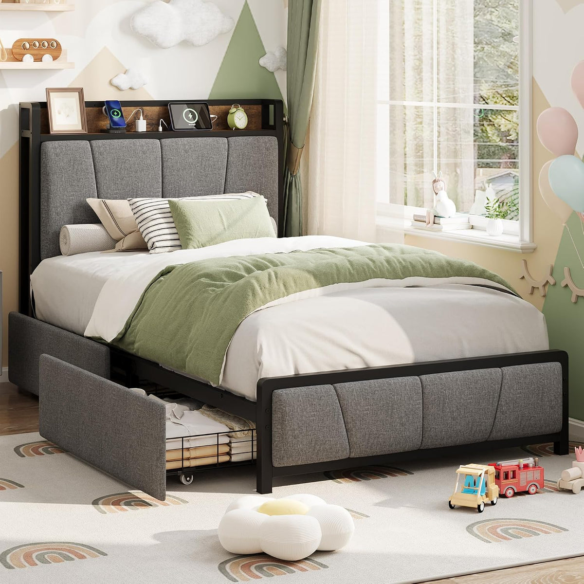 gaomon twin size bed frame with 2 drawers, close-up detail