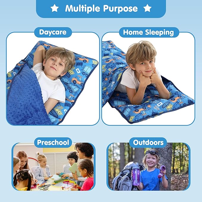 Viviland Toddler Kid Nap Mat for Preschool, Boys Blue Car Slumber Bag, Daycare - Image 7