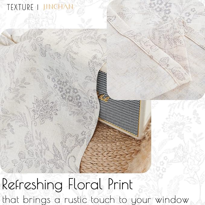 jinchan Linen Valance Curtain Farmhouse Grey Floral Printed Small Window Curtain - Image 8