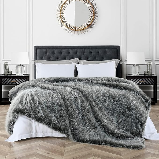 Luxury Faux Fur Blanket King Size, Ultra Big Grey and Black High Pile Mixed - Image 3