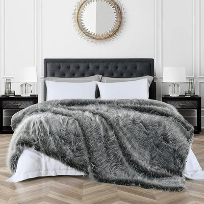Luxury Faux Fur Blanket King Size, Ultra Big Grey and Black High Pile Mixed - Image 3