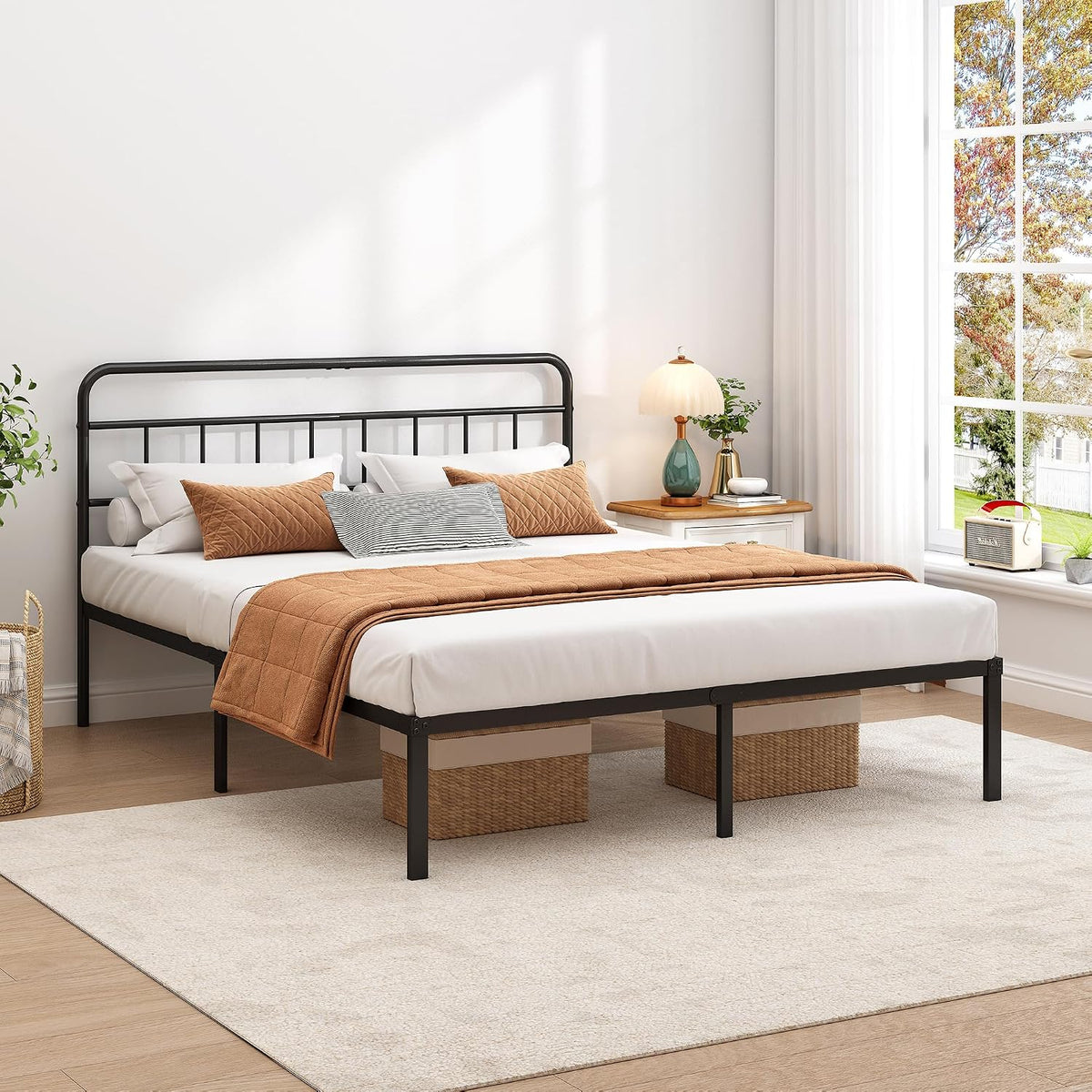queen bed frame with classic headboard, black, side view