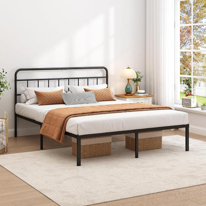queen bed frame with classic headboard, black, side view