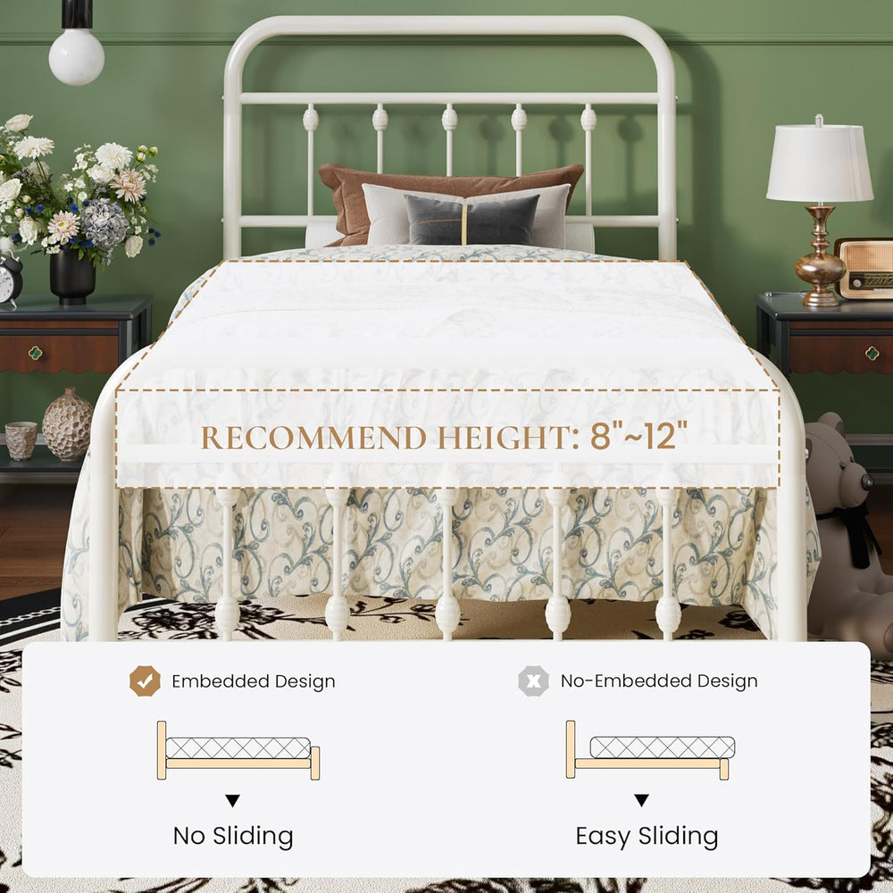 SHA CERLIN Twin Metal Bed Frame with Victorian Iron-Art Headboard, Cream