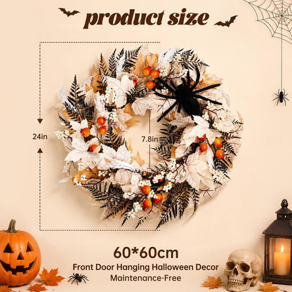 24" Halloween Wreath for Front Door with Spider, Maple Leaf