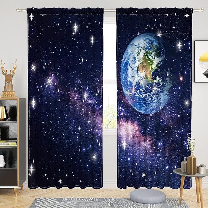 Renaiss 53 x 84 Inch Earth Galaxy Tiers Curtains by Renaiss