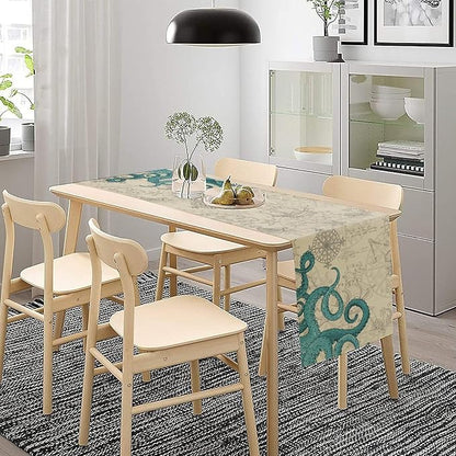 Blue Nautical Octopus Table Runner Vintage Coastal Ocean Anchor Beach Map - Image 3