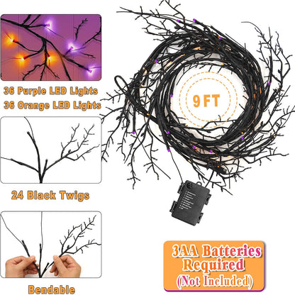 [8 Modes & Timer] 9 Ft 72 LED Halloween Willow Vine Twig Garland with Orange Purple Lights Battery Operated Indoor/Outdoor Wall Fireplace Mantle Halloween Decorations