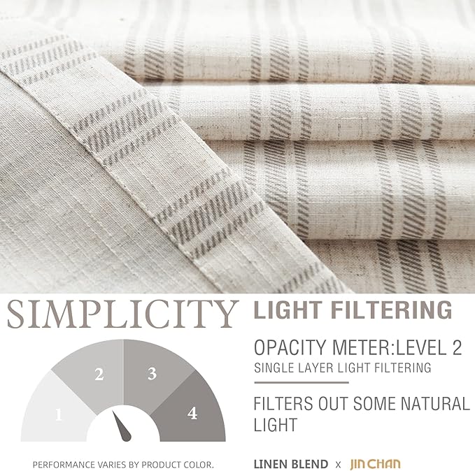 jinchan Gray Striped Linen Kitchen Curtains 45 Inch Cafe Tier Curtains Balanced - Image 5