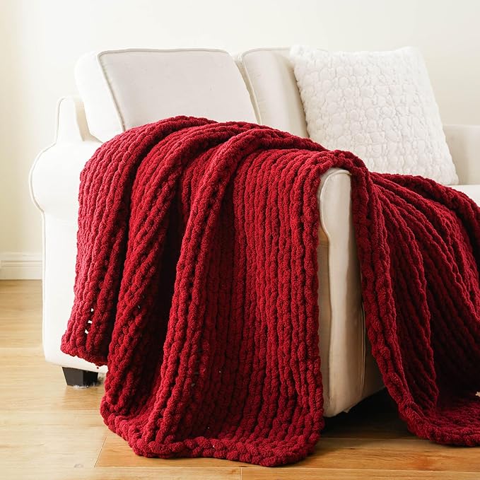Battilo Chunky Knit Throw Blanket, Soft and Thick Red Chenille Throw Blanket - Image 2