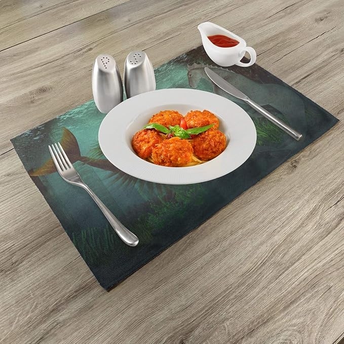 Ambesonne Mermaid Place Mats Set of 4, Mermaid Meets Seahorse Underwater World - Image 2