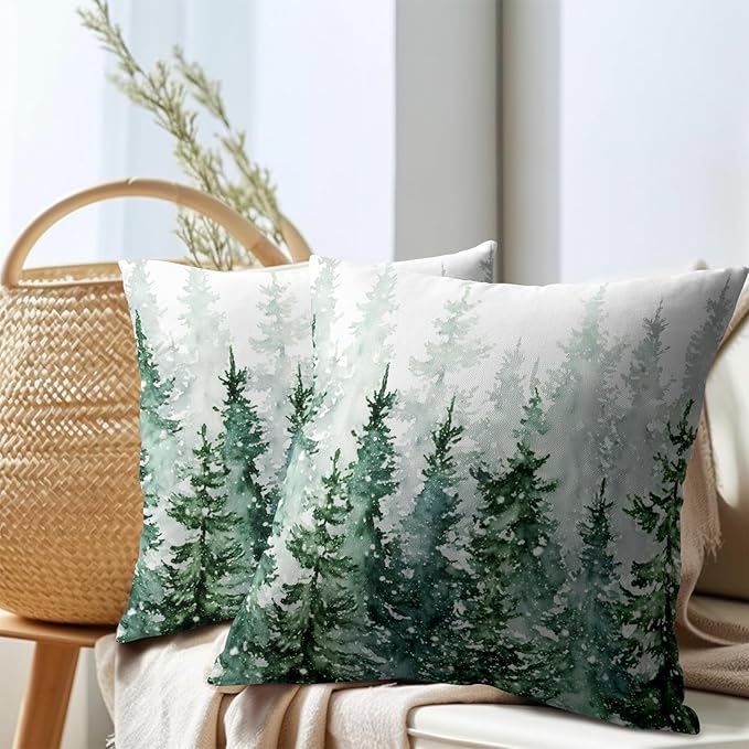 Winter Forest Pillow Covers 18x18 Inch 2Pcs Watercolor Green Misty Pine Tree - Image 7