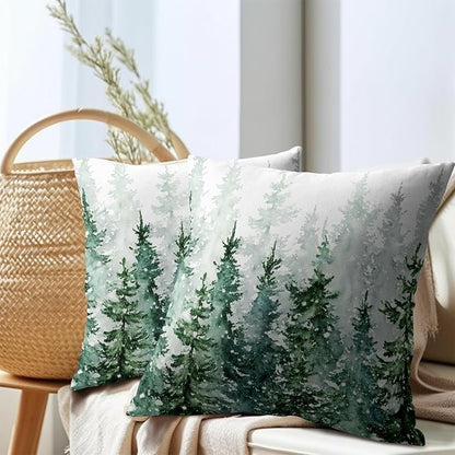 Winter Forest Pillow Covers 20x20 Inch 2Pcs Watercolor Green Misty Pine Tree - Image 7