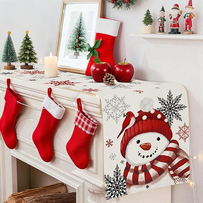OTOSTAR Snowflakes and Red Snowman Christmas Table Runner, Xmas Seasonal Winter - Image 4