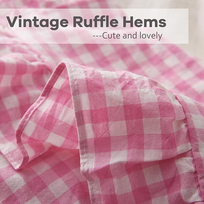 2 Pack Pink White Plaid Ruffle Gingham Throw Pillow Covers, 100% Washed Cotton - Image 5