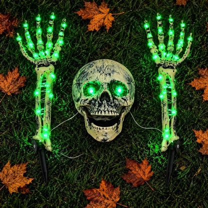 Halloween Skeleton Decorations Outdoor, Light Up Skull Head & Skeleton Hands Lights Stake with Green LED, Battery Operated Halloween Yard Decor for Lawn, Garden, Graveyard, Haunted House & Party