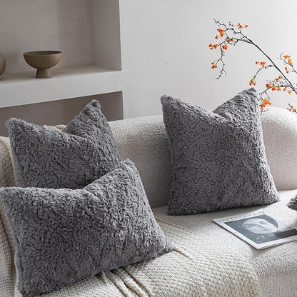Neelvin Set of 2 Faux Fur Throw Pillow Covers 22x22 Inch Darkgrey Cozy Soft - Image 4