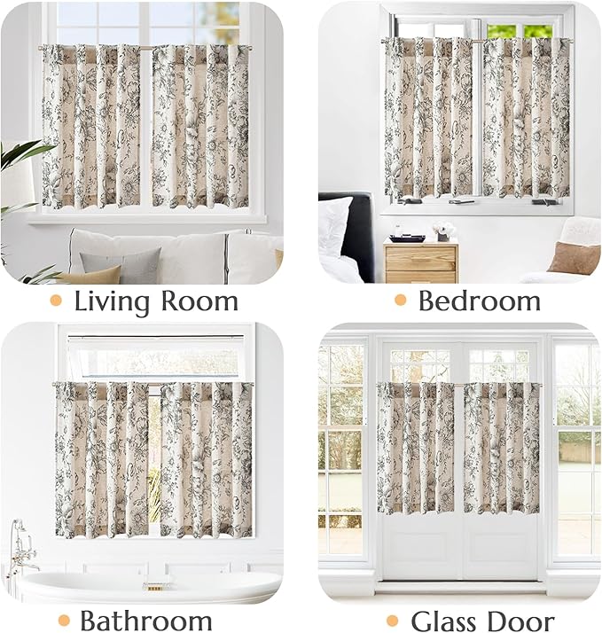 jinchan Linen Floral Tier Curtains 45 Inch Farmhouse Botanic Cafe Curtains - Image 4