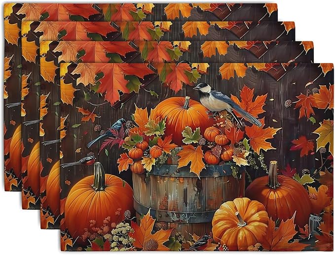 Pumpkin Maple Leaf Bird Fall Placemats Set of 4 Autumn Thanksgiving Seasonal by Wnoesat